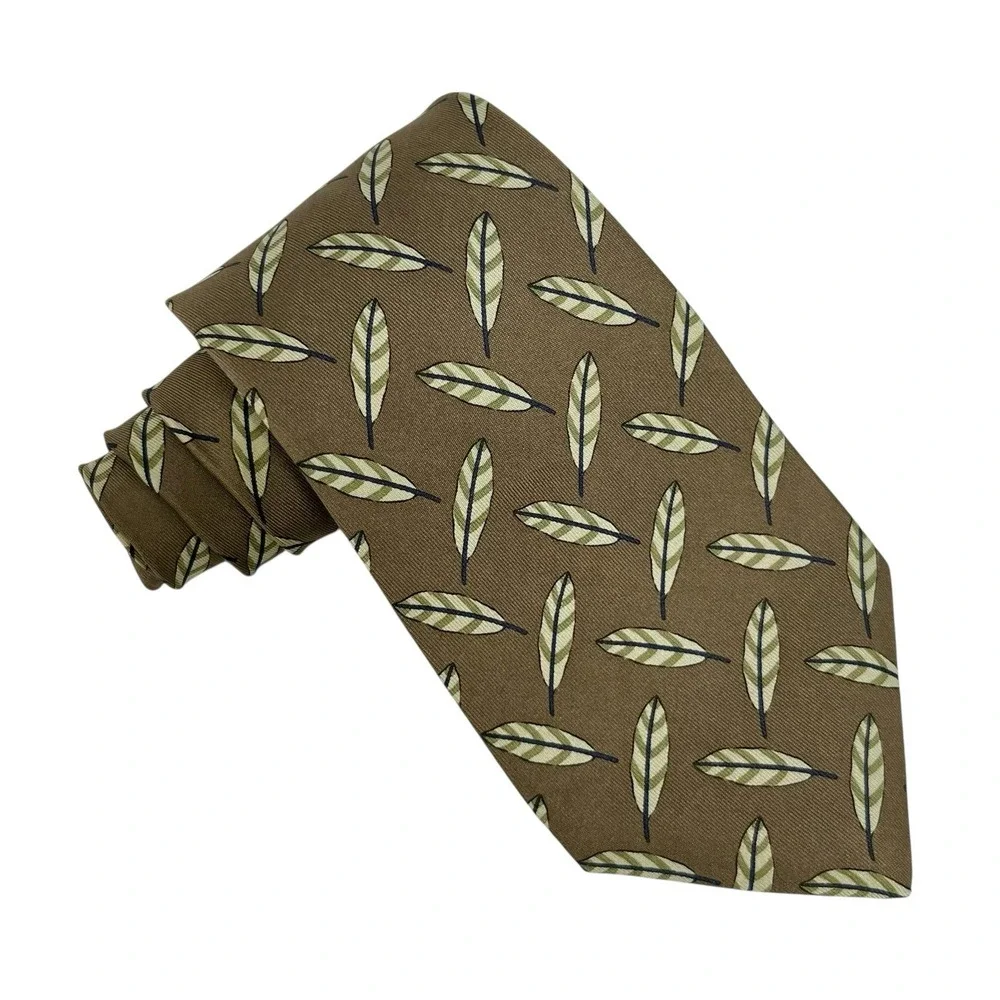 Hermes Men's Tie Feathers Bronze Satin Silk 995 SA France 3.5